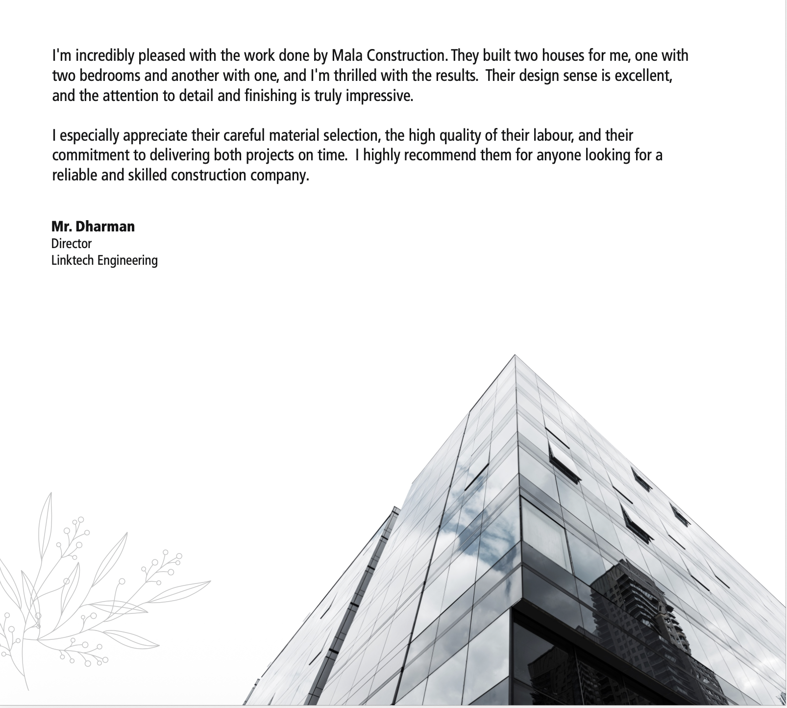 Mala Constructions Client Feedback - Google Review