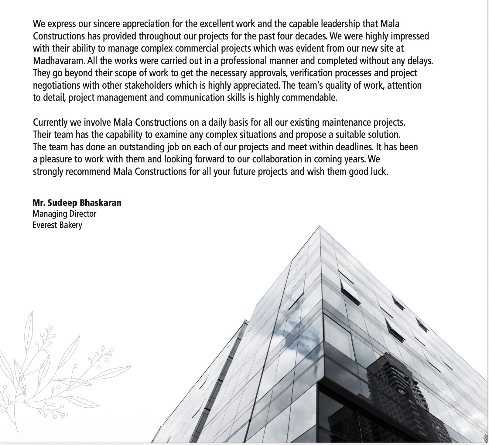 Mala Constructions Client Feedback - WhatsApp Review